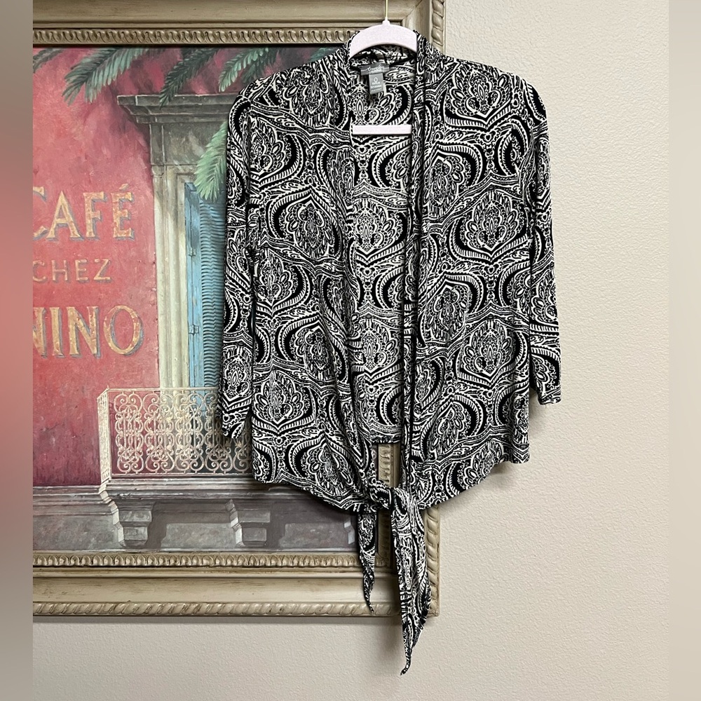 Chico's Black & White Paisley Tie-Front Cardigan